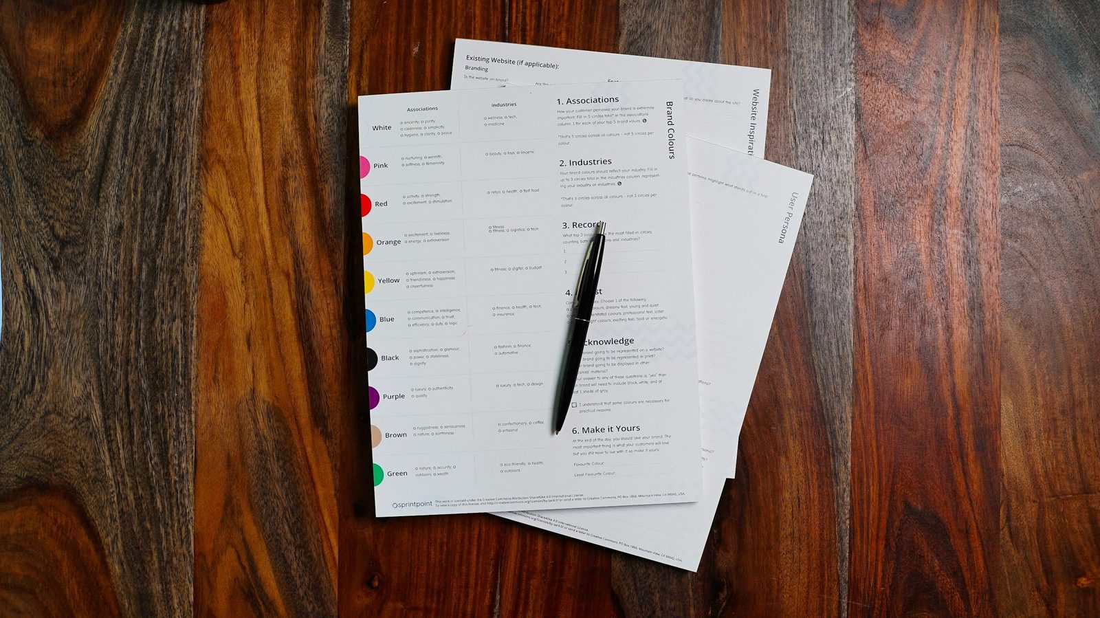 A stack of printed documents and a pen on a wooden desk