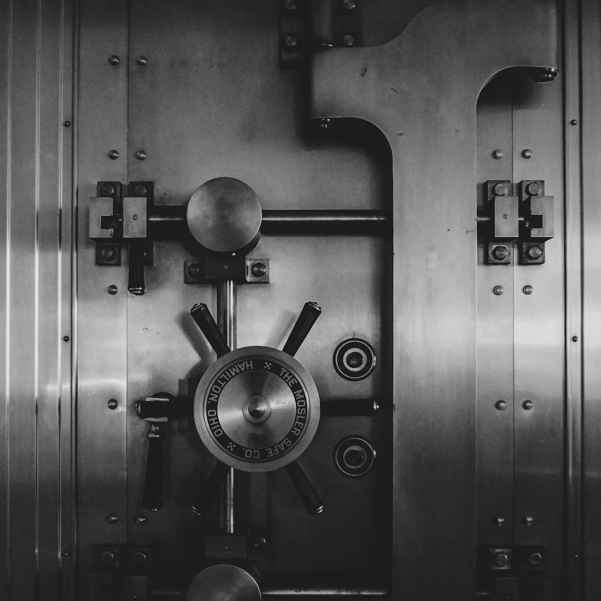 A steel bank vault door